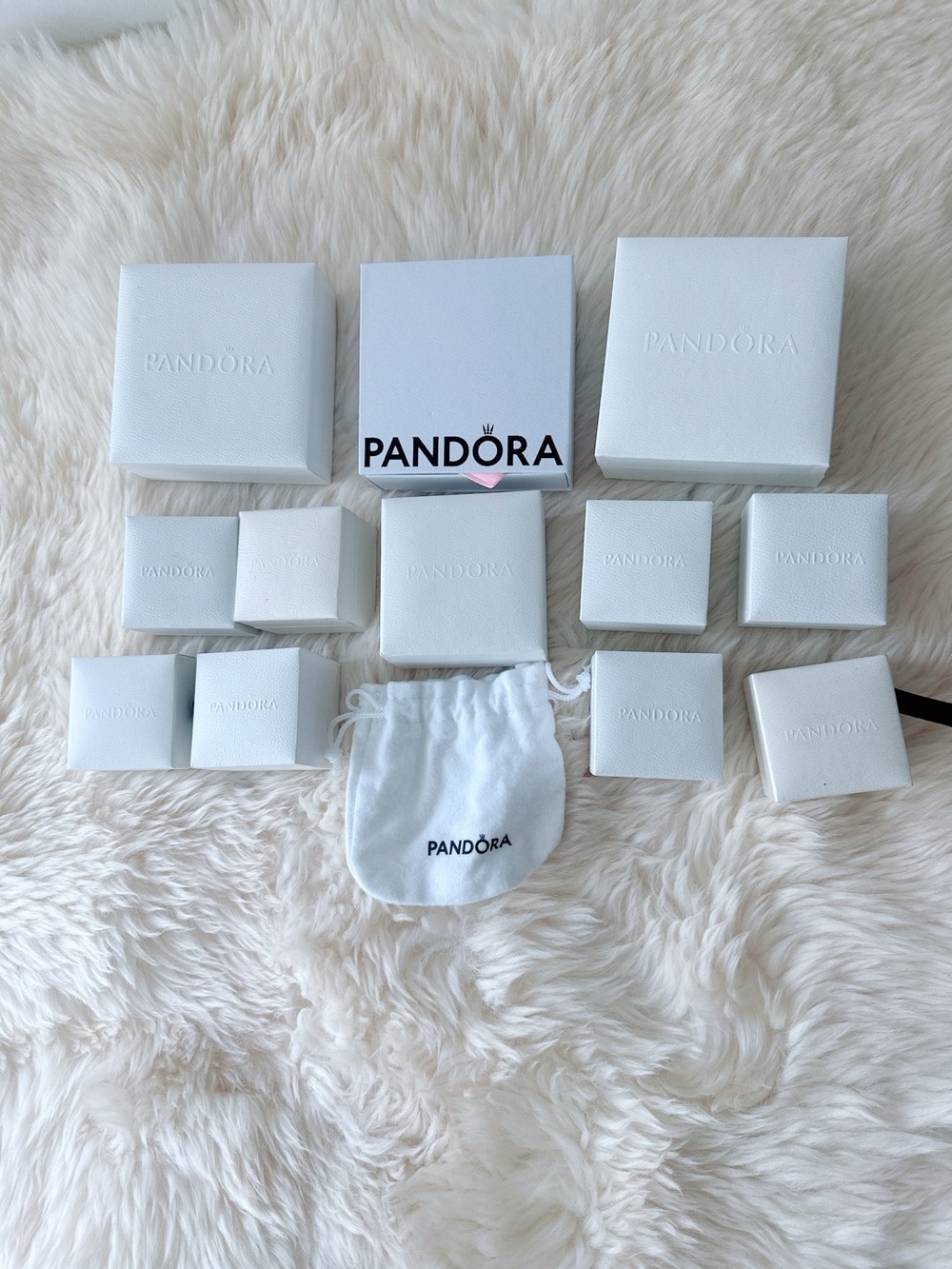Lot of 13 Pandora White Jewelry Boxes and Pouch Set